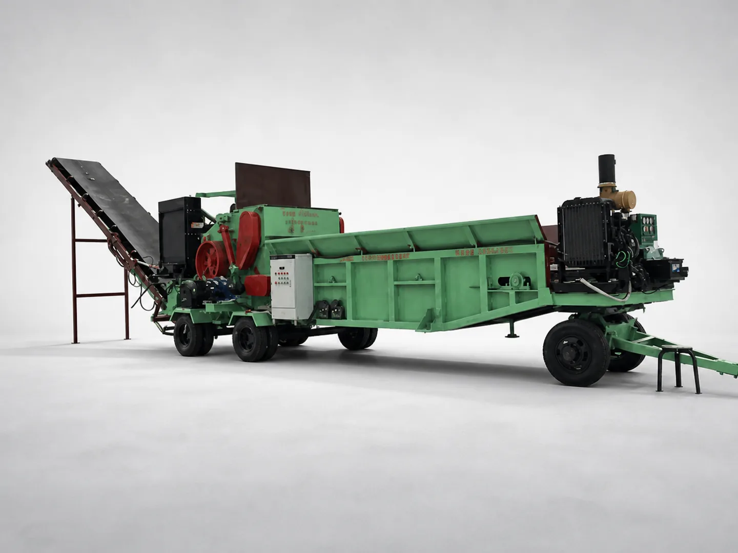 Towable diesel mobile wood chipper, complete side view